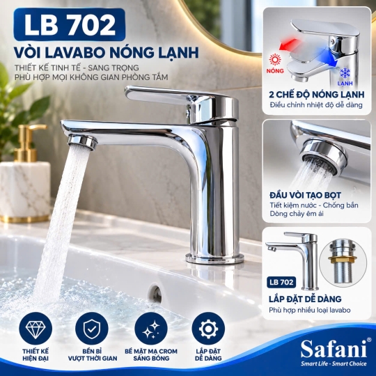 Vòi lavabo nóng lạnh đồng mạ crom LB702