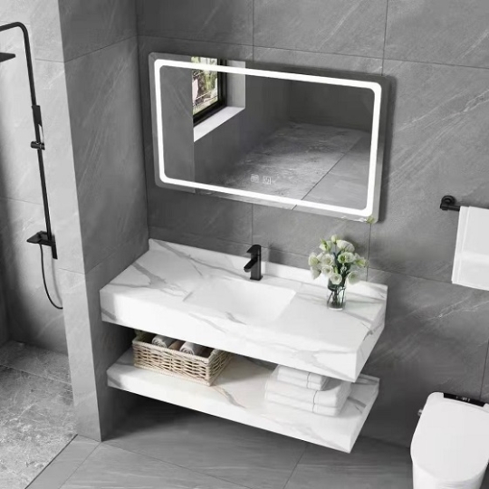 Bàn đá Lavabo 2 tầng chống trầy màu trắng SABD70