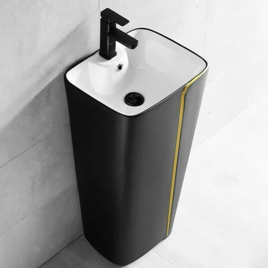 Lavabo trụ đứng vuông đen chỉ vàng SA5127