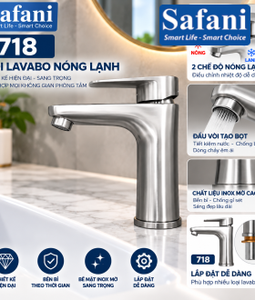 Vòi lavabo nóng lạnh inox 304 20cm mã 718