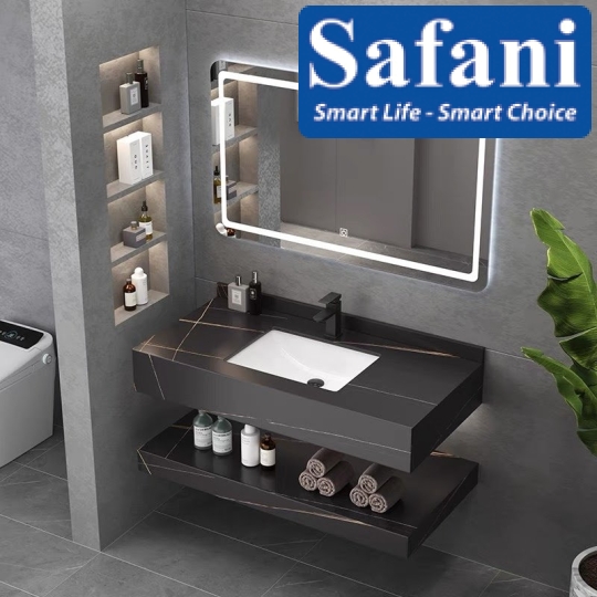 Bàn đá Lavabo 2 tầng chống trầy màu đen SABD71