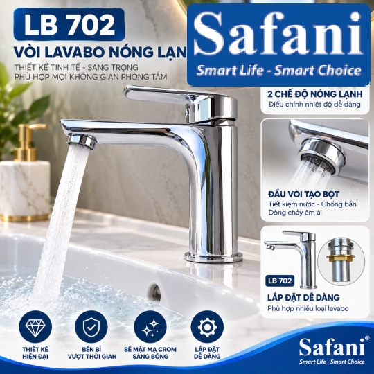 Vòi lavabo nóng lạnh đồng mạ crom LB702