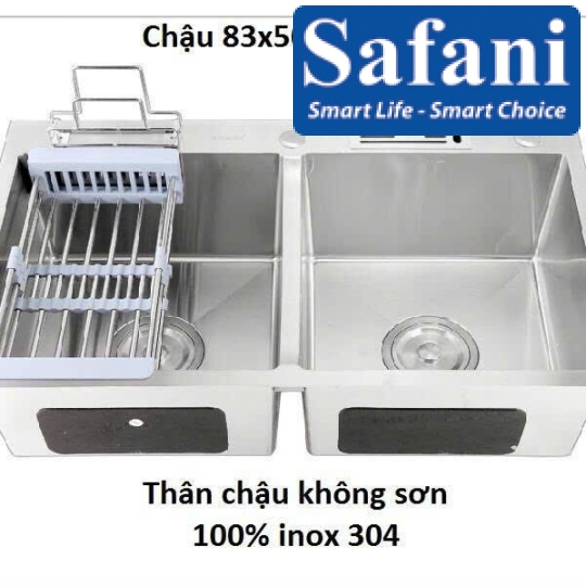 Chậu rửa chén 2 hộc đều có kèm chỗ dắt dao thớt 83x50cm C8350