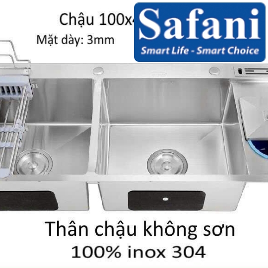 Chậu rửa chén 2 hộ đều, kèm dắt dao thớt và hố rác 100x48cm mã C28