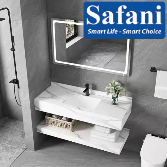 Bàn đá Lavabo 2 tầng chống trầy màu trắng SABD70