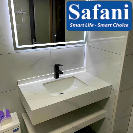 Bàn đá Lavabo 2 tầng chống trầy màu trắng SABD70