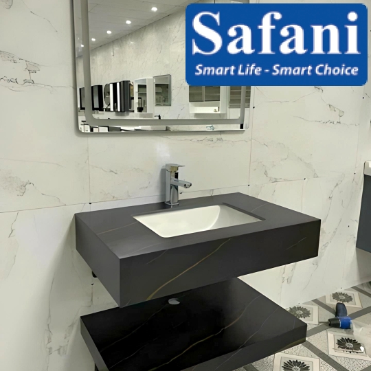 Bàn đá Lavabo 2 tầng chống trầy màu đen SABD71
