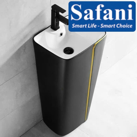 Lavabo trụ đứng vuông đen chỉ vàng SA5127