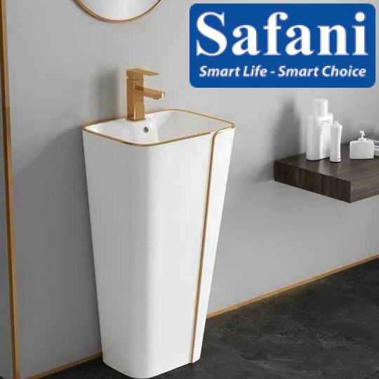 Lavabo trụ đứng vuông trắng chỉ vàng SA5126