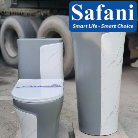 Lavabo trụ đứng tròn xám trắng vân mây SA5137