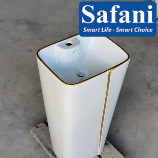 Lavabo trụ đứng vuông trắng chỉ vàng SA5126